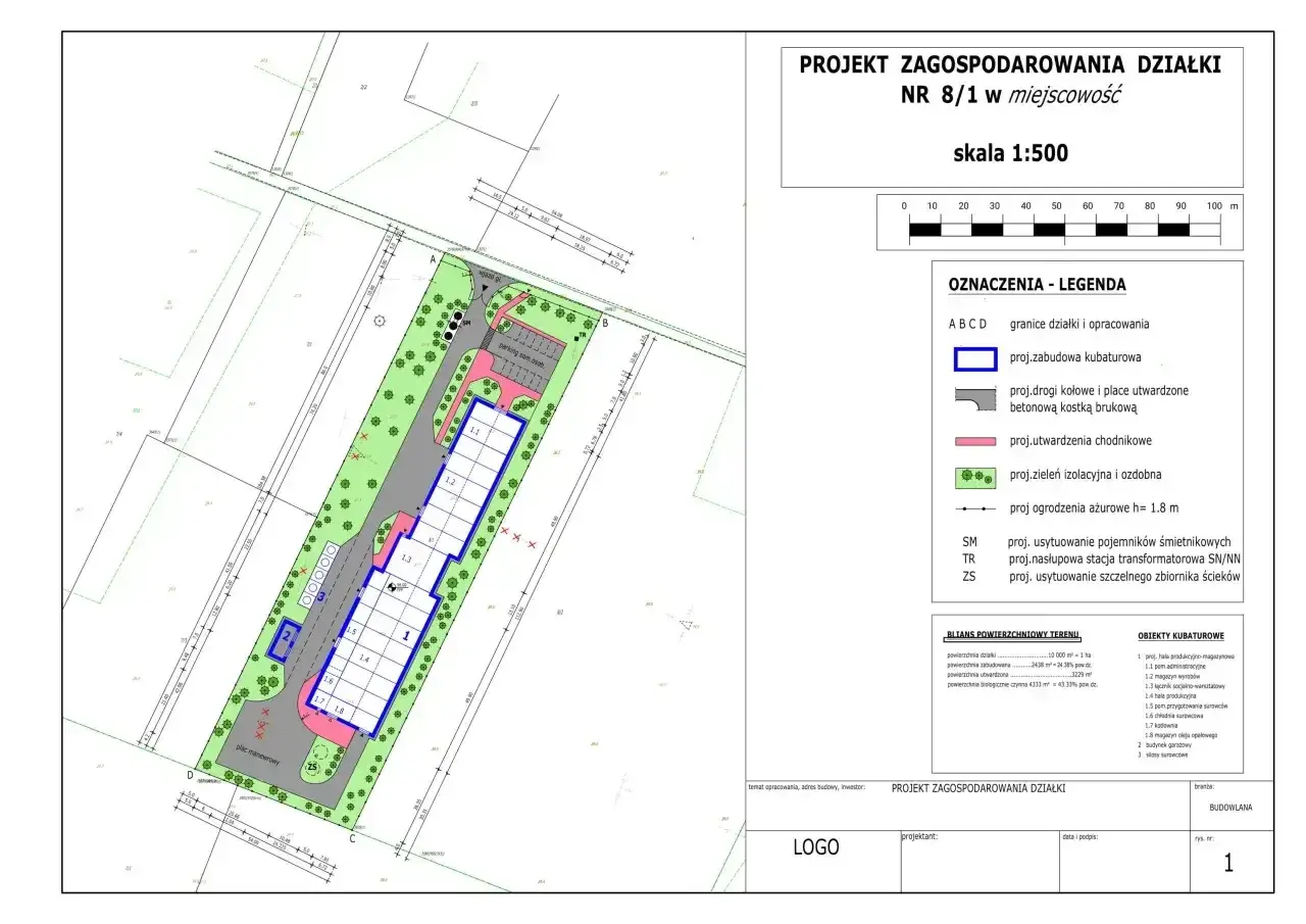 Plan zagospodarowania działki z zaznaczoną powierzchnią zabudowy, definicja i legendą.