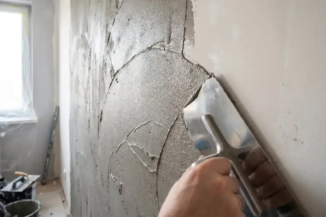 Ręka z kielnią nakłada grubą warstwę masy naprawczej na ścianę, tworząc nierówną fakturę.