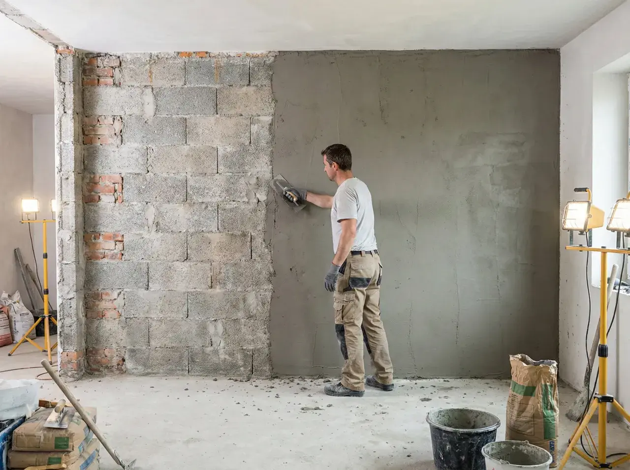 Budowlaniec nakłada tynki wewnętrzne na ścianę z pustaków. Widać materiały budowlane i oświetlenie.