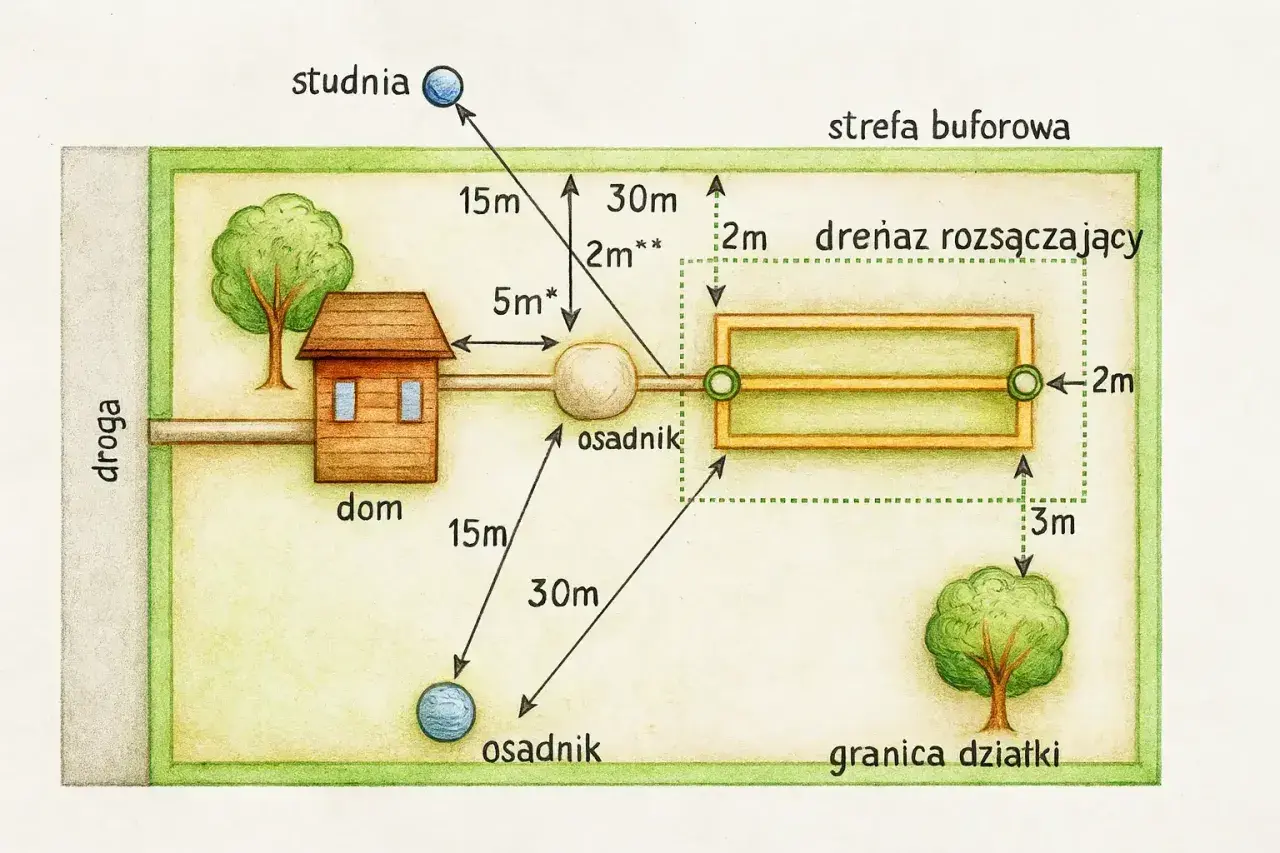 Schemat przydomowej oczyszczalni ścieków z zaznaczonymi odległościami: dom, studnia, osadnik, drenaż rozsączający i granica działki.