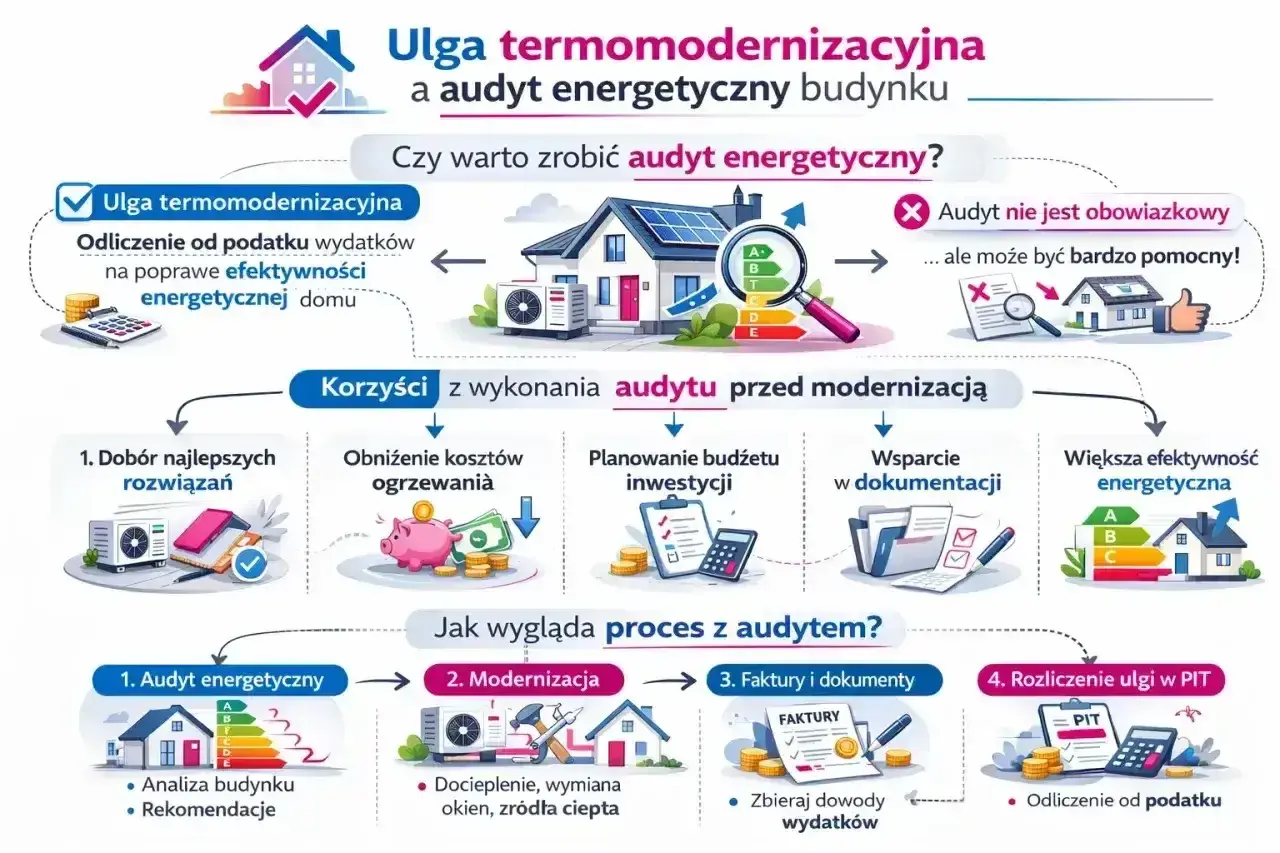 Dowiedz się, ile kosztuje audyt energetyczny i jakie korzyści przynosi termomodernizacja. Schemat pokazuje proces i ulgi podatkowe.