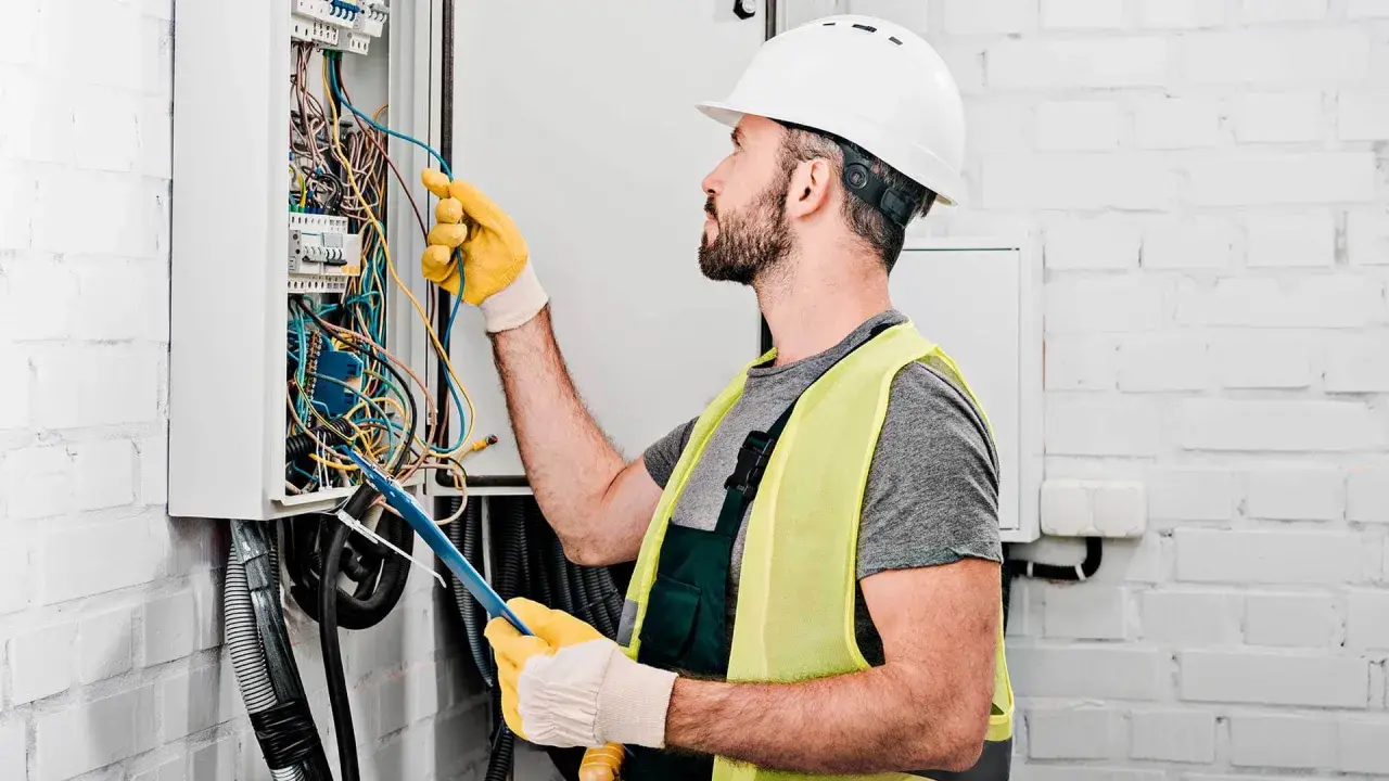 Elektryk w kasku i kamizelce odblaskowej pracuje przy skrzynce z przewodami. Zastanawia się, ile za punkt elektryczny zapłaci klient.