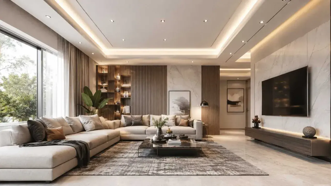 Nowoczesny salon z wygodną kanapą, marmurowym stolikiem i podwieszanym sufitem, który dodaje elegancji.