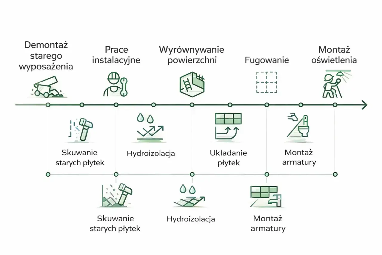 Schemat postępu prac przy remoncie domu: demontaż, instalacje, wyrównanie, fugowanie, montaż oświetlenia, skuwanie płytek, hydroizolacja, układanie płytek, montaż armatury.