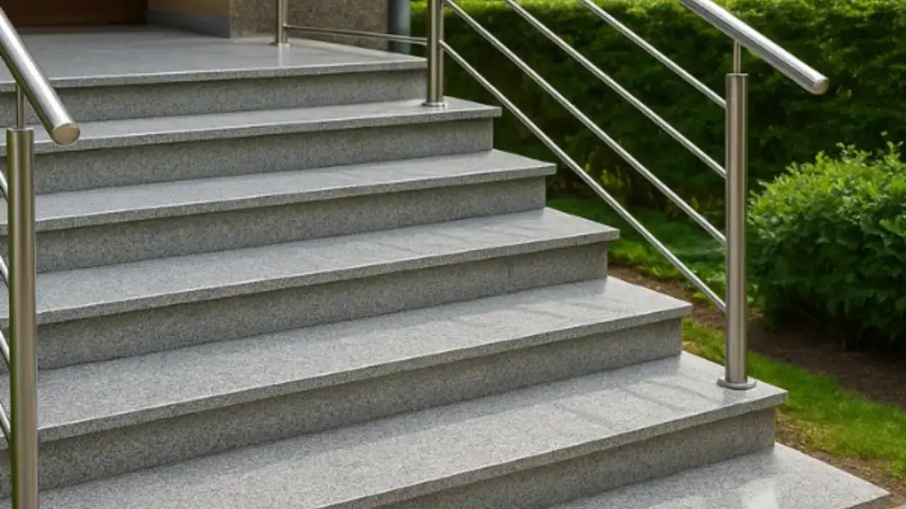Schody zewnętrzne z granitu, galeria zdjęć. Nowoczesne, kamienne stopnie z metalową balustradą, otoczone zielenią.