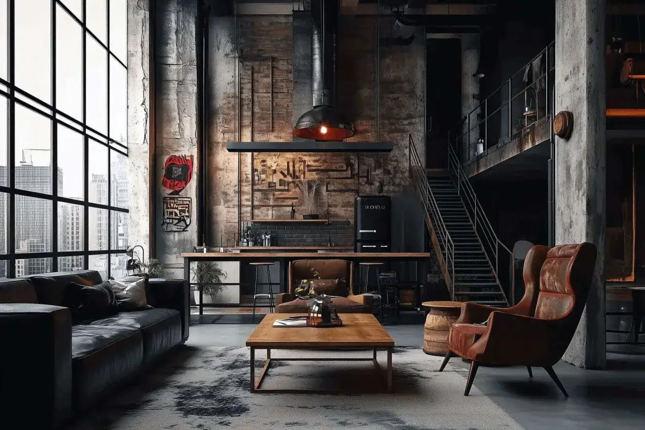 Loft z industrialnym klimatem, gdzie beton i cegła tworzą tło dla mebli. Widać kanapę, fotele, drewniany stolik i kuchnię. Wszędzie subtelny efekt rdzy dodaje charakteru.