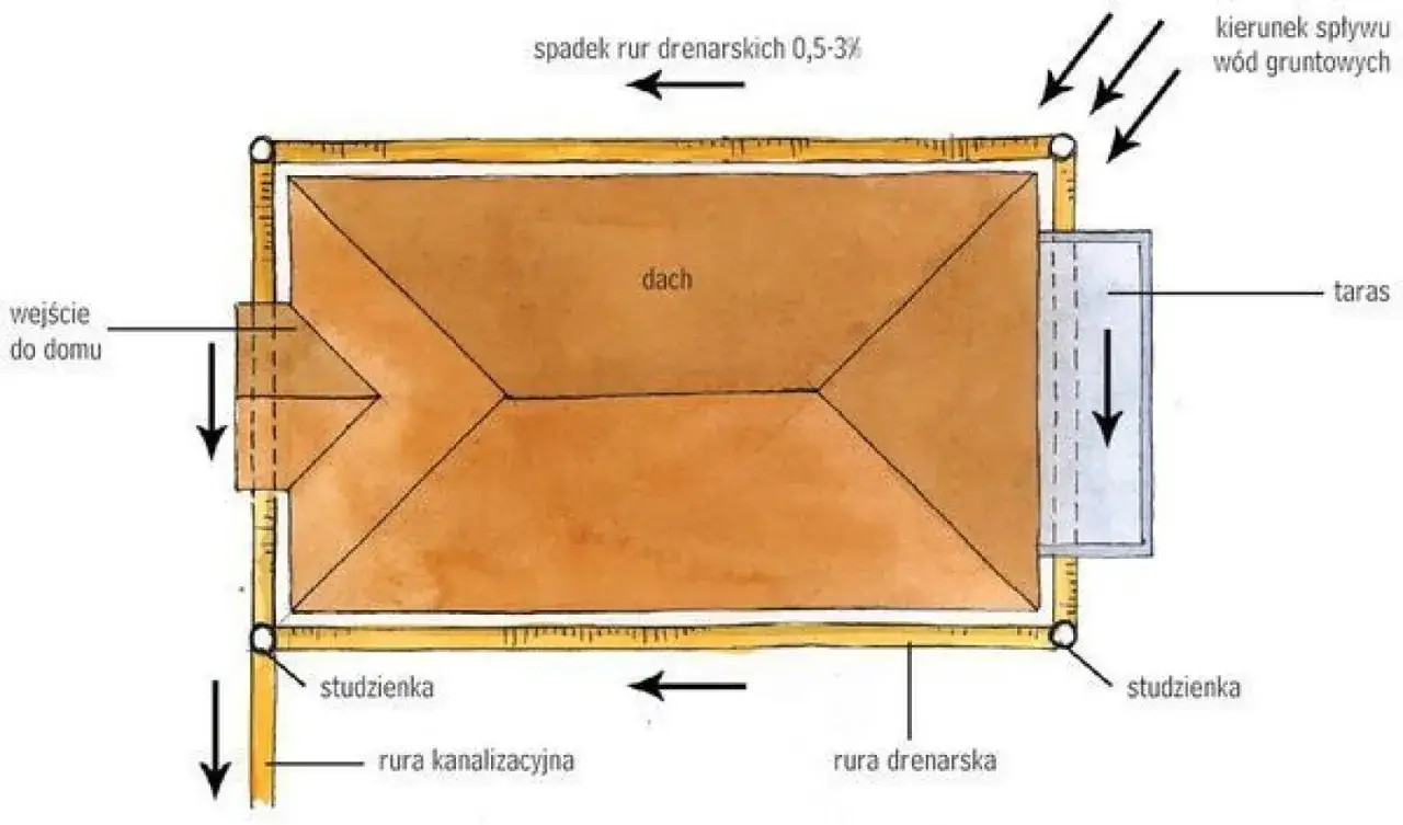 Schemat drenażu wokół domu: rury drenarskie odprowadzają wodę gruntową od fundamentów i tarasu do studzienek.