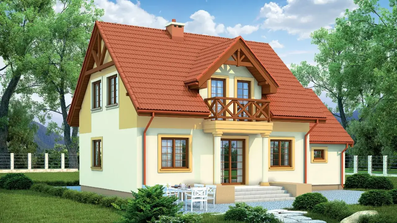 Dom z ceglastym dachem i jasną elewacją, z drewnianym balkonem i tarasem.