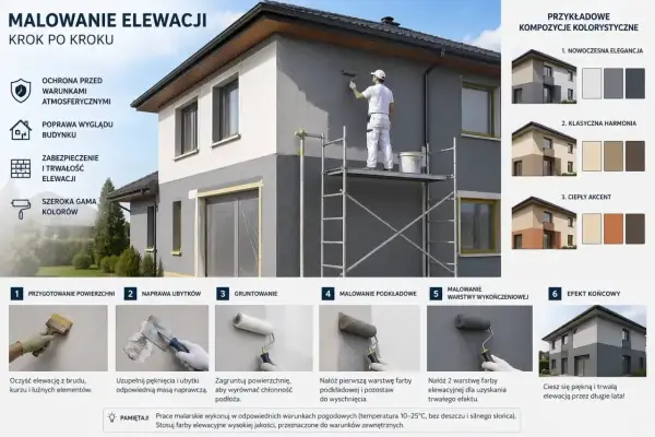 Malowanie elewacji krok po kroku: przygotowanie, gruntowanie, malowanie podkładowe i wykończeniowe. Efekt końcowy to piękny, trwały dom.